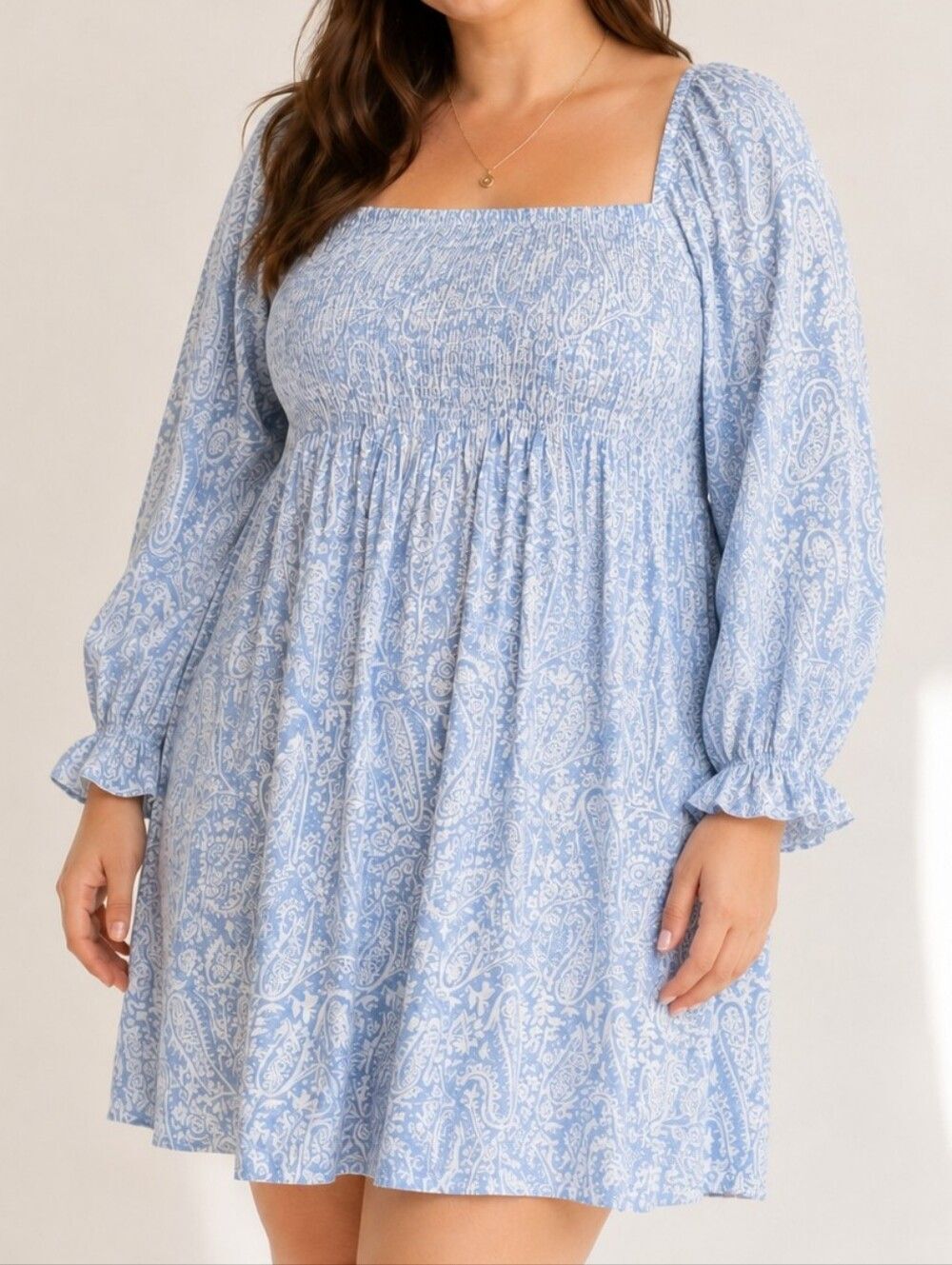 Kourt Portia Blue Paisley Smocked Mini Dress XL Linen Blend Romantic Puff Sleeve